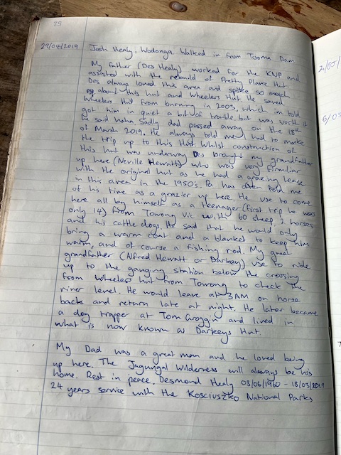 Image of Pretty Plain logbook page Eulogy for Des Healy April 2019