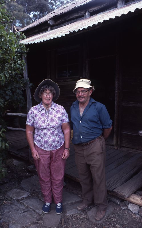 Phyllis (nee Harris) and husband Mick Dowling, at Harris Hut photo: Mark Hallum 1985