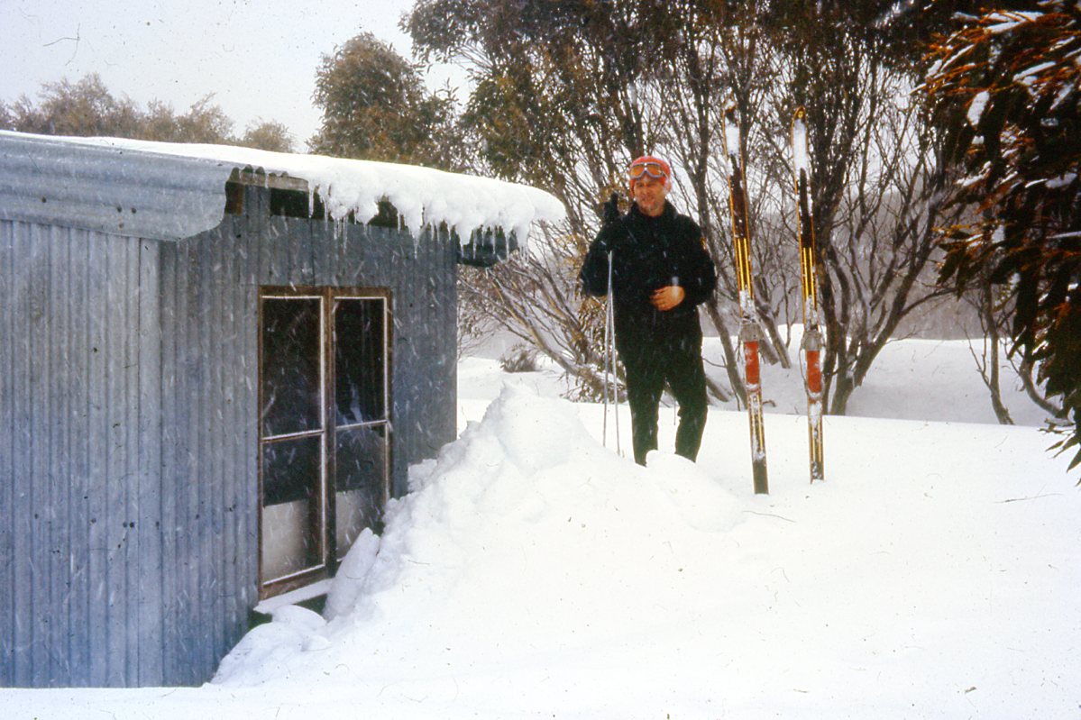 Photo of Linesman's hut number two with John Purves photo Patty Purves 1968